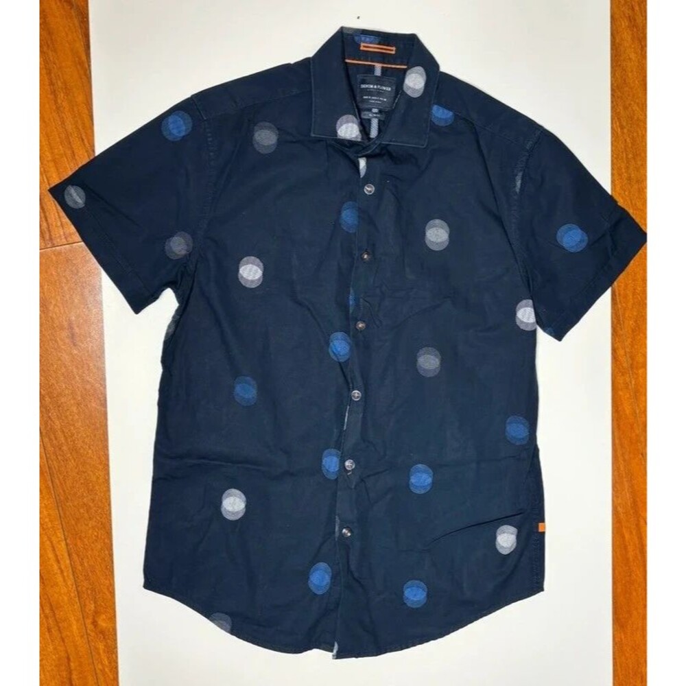 Denim & Flower Men’s Slim Fit Button-Up Shirt Size S Blue Circle Print